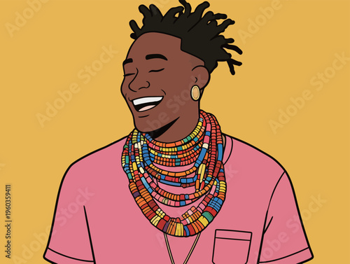 Young man smiles while wearing colorful beads and casual clothes against a bright yellow background in a cheerful setting