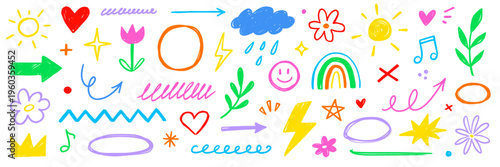 Crayon line pencil kid color icon set. Hand drawn crayon pastel color brush paint chalk line scribble texture. Cute kid children rainbow heart star sun cloud flower butterfly. Vector illustration