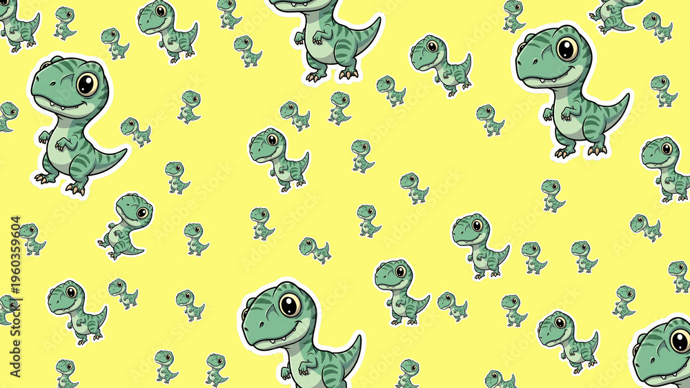 Fototapeta premium Seamless dinosaur pattern with charming velociraptor characters in clean vector cartoon illustration.