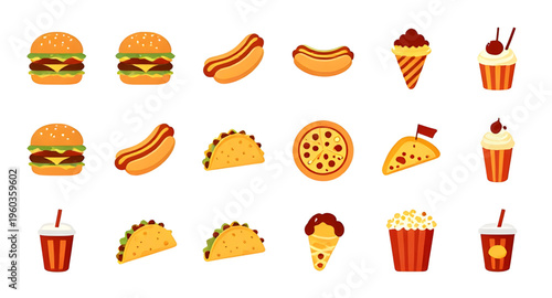 fast food icon set vector illustration isolated on white background design, burger fries pizza hotdog soda icon collection for restaurant menu design, fast food icon set illustration for takeaway and 