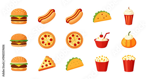 fast food icon set vector illustration isolated on white background design, burger fries pizza hotdog soda icon collection for restaurant menu design, fast food icon set illustration for takeaway and 