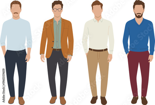 Male characters vector set, stylish men in casual and smart outfits standing modern fashion illustration collection