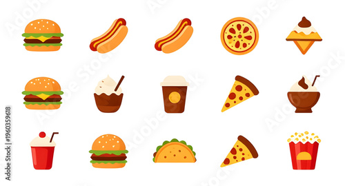 fast food set, food icon set, fast food icons, burger icon, fries icon, pizza icon, hotdog icon, sandwich icon, taco icon, soda icon, drink icon, snack icon set, meal icon set, takeaway food icons, fo