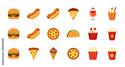 fast food set, food icon set, fast food icons, burger icon, fries icon, pizza icon, hotdog icon, sandwich icon, taco icon, soda icon, drink icon, snack icon set, meal icon set, takeaway food icons, fo