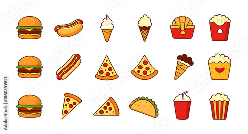 fast food set, food icon set, fast food icons, burger icon, fries icon, pizza icon, hotdog icon, sandwich icon, taco icon, soda icon, drink icon, snack icon set, meal icon set, takeaway food icons, fo