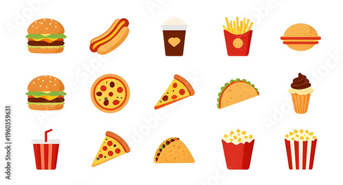 set of different fast food icons isolated on white background, fast food icon collection vector illustration for restaurant menu design, burger fries pizza hotdog soda icon set illustration isolated b