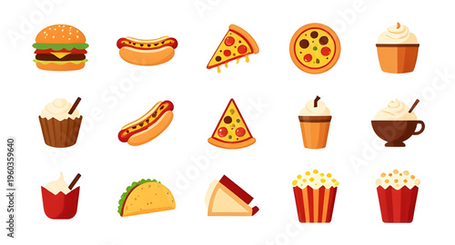 set of different fast food icons isolated on white background, fast food icon collection vector illustration for restaurant menu design, burger fries pizza hotdog soda icon set illustration isolated b