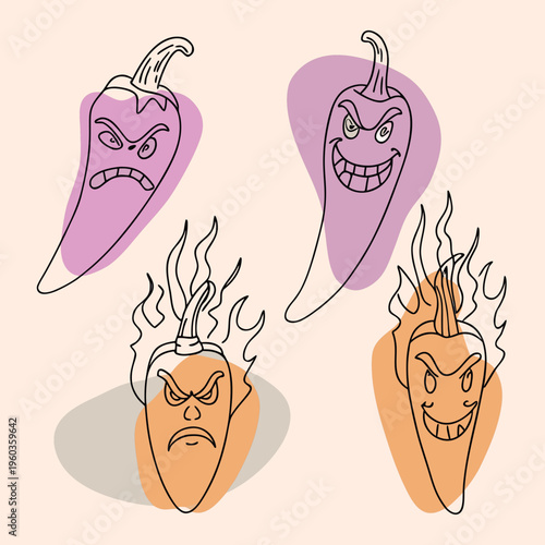 Set of four cartoon red chili peppers with angry, fierce, happy, and burning/flaming expressions
