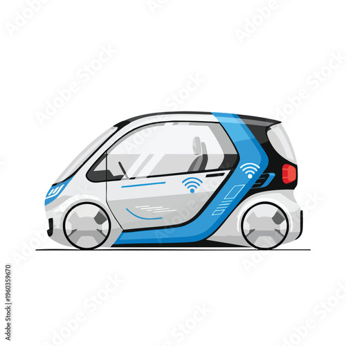 White and blue autonomous vehicle with wifi symbols and sleek design