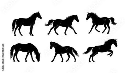 Dynamic horse silhouette vector set running jumping poses isolated on white