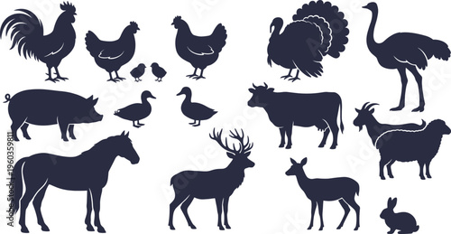 Farm and wild animals silhouettes set, livestock and wildlife collection, horse, cow, deer, birds vector illustration isolated on white background