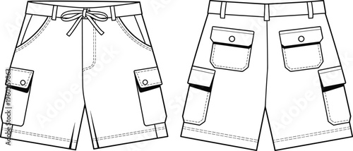 Vector, technical, sketch, of, blank, cargo, shorts, featuring, multiple, pockets, and, drawstring, waist, front, and, back, view, for, apparel, manufacturing