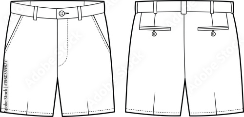 Vector, technical, sketch, of, blank, tailored, shorts, featuring, side, pockets, and, buttoned, waist, front, and, back, view, for, apparel, manufacturing