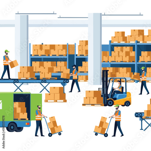 Workers loading and unloading boxes in a warehouse with machinery and vehicles