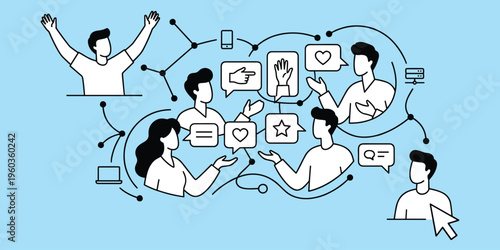 Social media communication illustration, people connecting with messages, likes, and digital interaction, modern flat vector design isolated on blue background