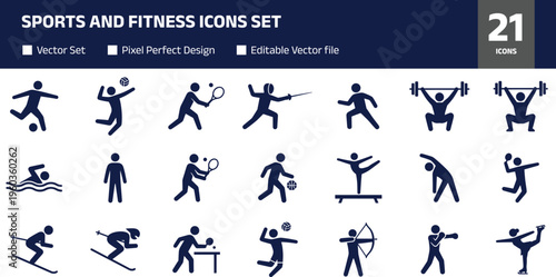 Sports and fitness icons set, athletes playing football, tennis, archery, weightlifting, swimming and more, vector silhouettes isolated on white background