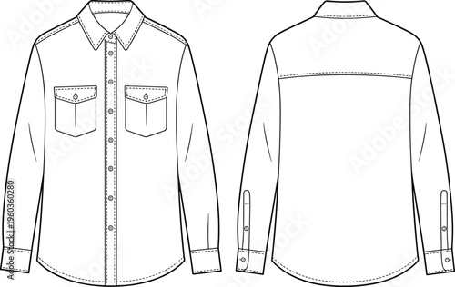 Vector, technical, sketch, of, mens, long, sleeve, button, down, shirt, with, chest, pockets, collar, yoke, front, and, back, view, manufacturing