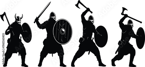 Viking warrior silhouettes set with ancient Nordic soldiers carrying shields, axes, and swords for historical battle illustrations, mythical Norse fighter designs.