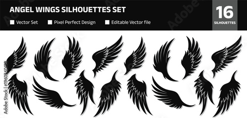 Angel wings silhouettes set, feather wing collection, decorative flying wings vector illustration isolated on white background for tattoo and design