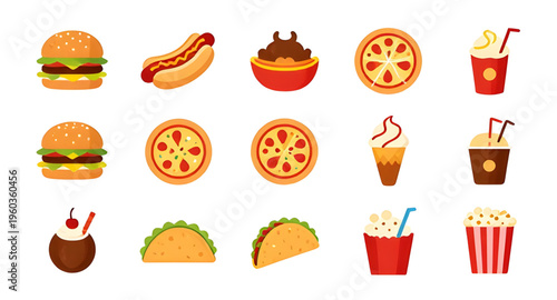 set of different fast food icons isolated on white background, fast food icon collection vector illustration for restaurant menu design, burger fries pizza hotdog soda icon set illustration isolated b
