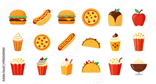 fast food icons, food icon set, fast food set, burger icon, fries icon, pizza icon, hotdog icon, sandwich icon, taco icon, soda icon, drink icon, snack icons, meal icons, takeaway food, food delivery,