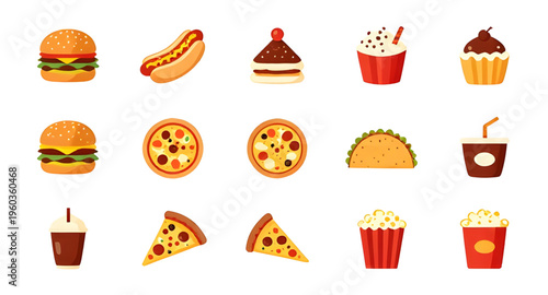 fast food icons, food icon set, fast food set, burger icon, fries icon, pizza icon, hotdog icon, sandwich icon, taco icon, soda icon, drink icon, snack icons, meal icons, takeaway food, food delivery,