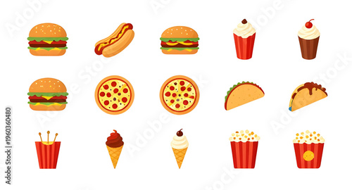 fast food icons, food icon set, fast food set, burger icon, fries icon, pizza icon, hotdog icon, sandwich icon, taco icon, soda icon, drink icon, snack icons, meal icons, takeaway food, food delivery,