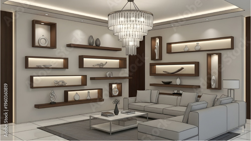 Modern Luxury Living Room Decor Plan with Chandelier, Pendant Lighting, Wall Niches and Floating Shelves, 3D CAD Drawing Vector