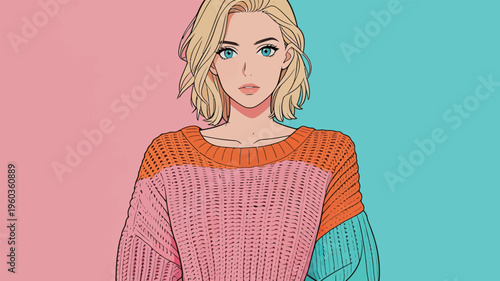Art of a young woman with short blonde hair wearing a colorful sweater against a two-tone background