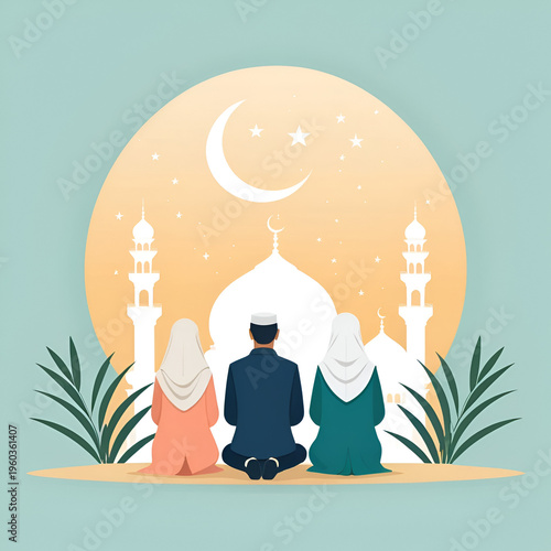 Flat design illustration vector of a Muslim family praying together in a serene and peaceful atmosphere with soft colors.