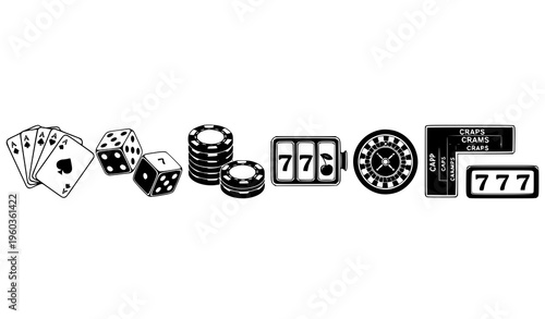 Casino gambling icons vector with poker cards dice and ace symbols in modern outline style