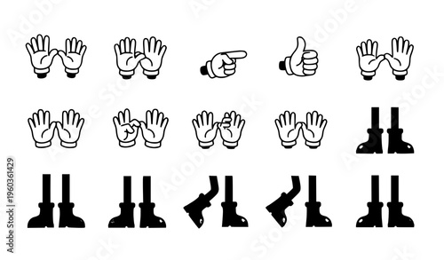 Cartoon hands and legs vector set with gloved hand gestures and boots isolated on white