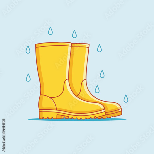 Yellow rubber boots stand on a blue surface with falling water drops