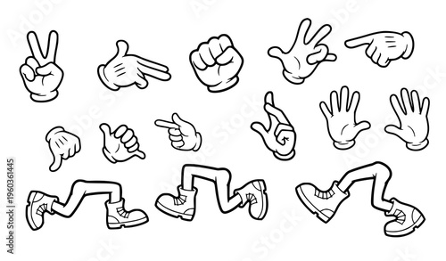 Cute cartoon limbs vector collection with gloved hands and booted legs in action poses