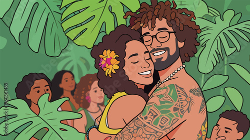 Couple hugs in tropical setting with friends enjoying time together during a lively gathering in a vibrant garden