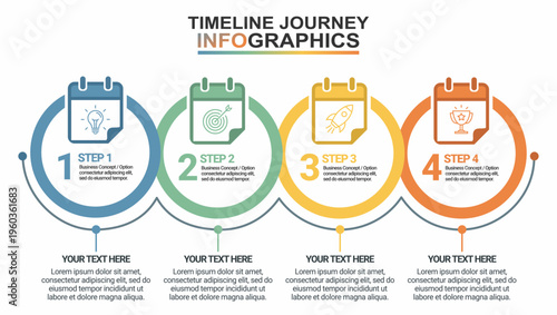 Modern Timeline Infographic with 4 Steps, Business Journey Roadmap, Project Milestones and Progress Workflow Diagram