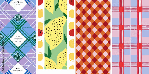 Colorful patterned backgrounds featuring fruit diamonds and gingham
