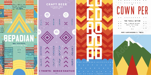 A collection of colorful geometric beer label designs with varying typography