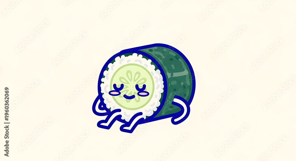 Obraz premium Cute Kawaii Cucumber Sushi Roll Character with Blue Outline