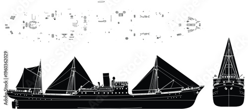 Vintage Steamship Technical Silhouette Collection Featuring Side Profile View Top Deck Plan and Front View of Antique Three Masted Vessel