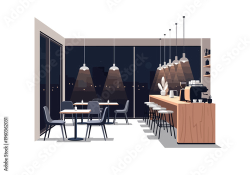 Modern coffee shop interior with bar and seating area, city lights view at night