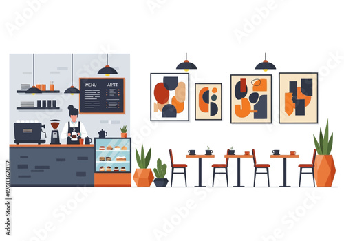 Cozy Cafe Interior Design with Modern Art and Pastry Display