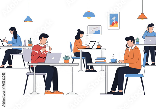 People working and relaxing in a modern co-working space with laptops and coffee