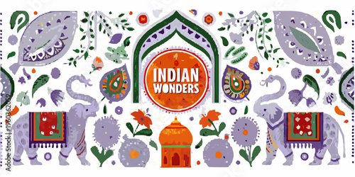 Indian wonders banner with elephants floral motifs and architectural elements
