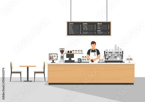 A Barista Standing Behind a Coffee Shop Counter with Espresso Machine and Seating Area