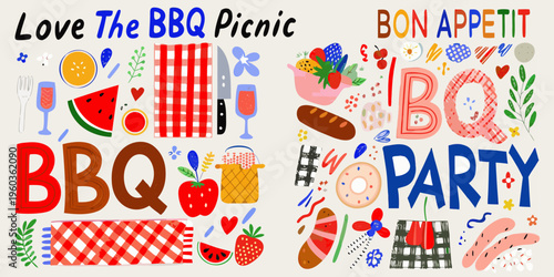 Colorful illustration of a barbecue picnic with food and lettering
