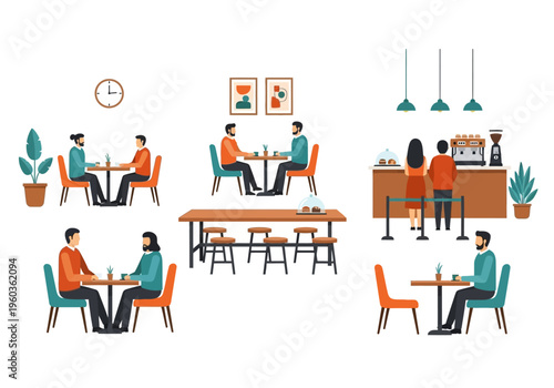 Friends enjoying coffee and conversation at a modern cafe with casual seating and counter service