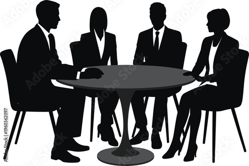Business team meeting silhouettes vector illustration, corporate professionals discussion around table teamwork collaboration office concept