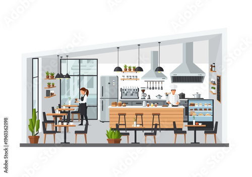 Cozy cafe interior with people enjoying coffee and meals, baristas working, and food display