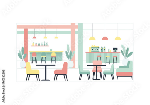 Vibrant interior of a modern cafe with contemporary furniture and bar area